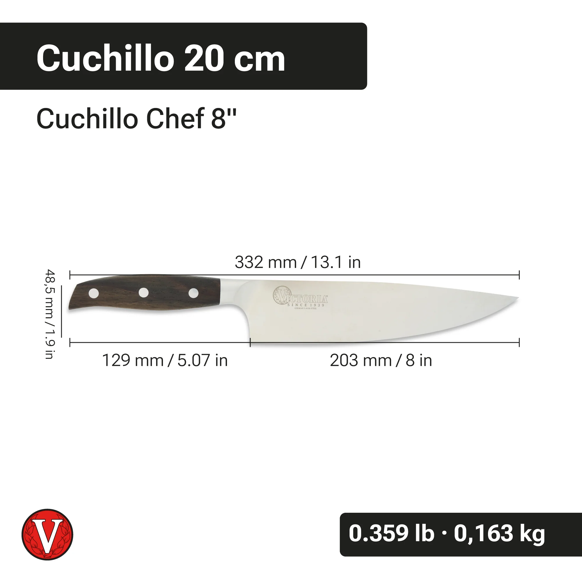 Cuchillo Chef Profesional 8” en Acero Inoxidable – Victoria - Image 3